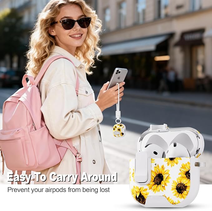 for AirPods 4 Case with Secure Lock Clip in Phone Stand,Floral Girly Style Protective Cover with Cleaning Kit and Hand Strap for Apple AirPod 4 Generation (White Sunflower)