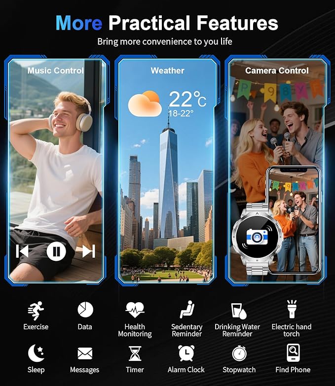 Smart Watches for Men Answer/Make Call, 1.62" AMOLED/730mAh Battery/LED Flashlight Military Smartwatch, 110+ Sports Modes IP68 Waterproof Fitness Tracker for Android iOS Silver