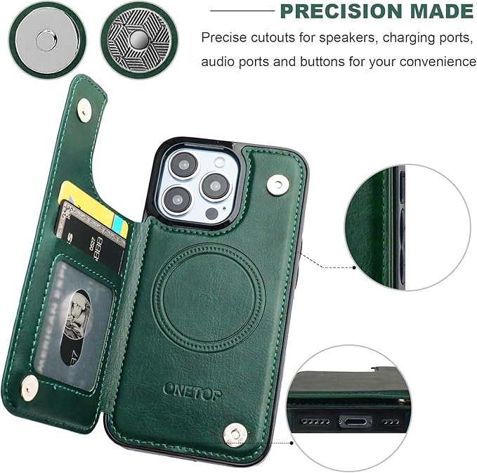 ONETOP Compatible with Magsafe for iPhone 13 Pro Wallet Case with Card Holder, PU Leather Kickstand RFID Blocking Case, Double Magnetic Clasp and Durable Shockproof Cover 6.1 Inch (Green)