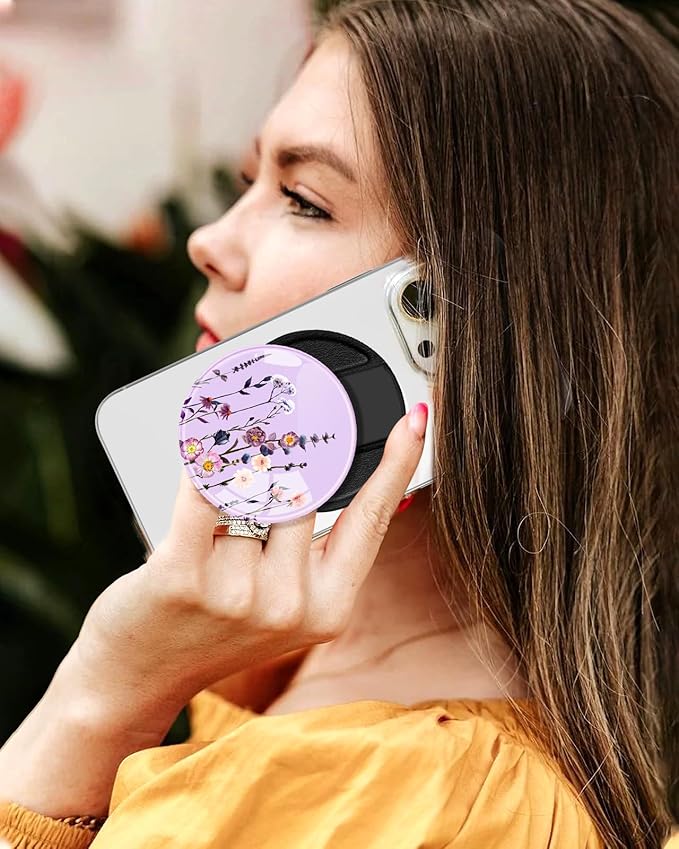 Kidcube Magnetic Phone Grip Compatible with Magsafe - Cell Phone Grip Stand Ring Holder Magnet Kickstand Removable Accessories for iPhone 16 Pro Max/16/15/14/13/12 Series Cute Girly Purple Flowers
