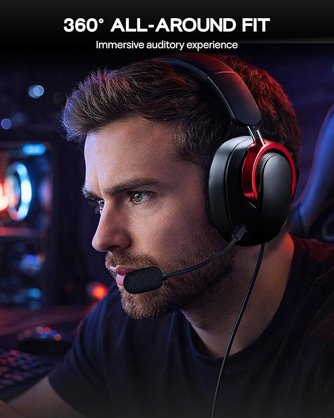 MechLands Aula A700 Wireless Gaming Headset with 7.1 Surround Sound, 50mm Driver, 2.4GHz/BT/Wired, Gaming Headphone with Noise Canceling Mic, RGB Light, 40H Battery, for PS4/PS5/PC/Switch (Black Red)