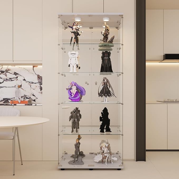 LFT HUIMEI2Y Glass Display Cabinet 5-Shelf with LED Light, Mirror and Lock, 2 Door Curio Cabinets, Tempered Glass Collection Display Showcase for Bedroom, Living Room White