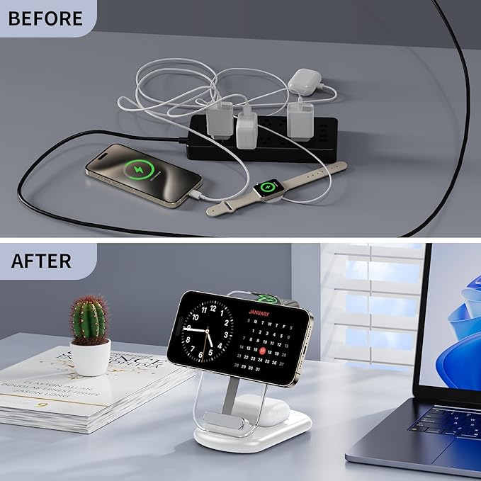 2026 Traveling Wireless Mag-Safe Fast Charging Station,Magnetic 3 in 1 Charger with Light for iPhone 17 16 15 14 13 12 Pro Max Plus,Apple Watch& Air pods 4 3 2 Pro-Gifts for Wife & Husband(White)