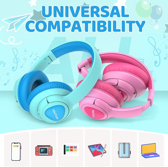 VibeTune Kids Bluetooth Headphones, 60H Playtime, Volume Limited 85/94dB, Bluetooth 5.4, Type-C Fast Charging, Foldable Wireless Headphones for Kids, Toddler Headsets with HD Mic-Blue Macaron