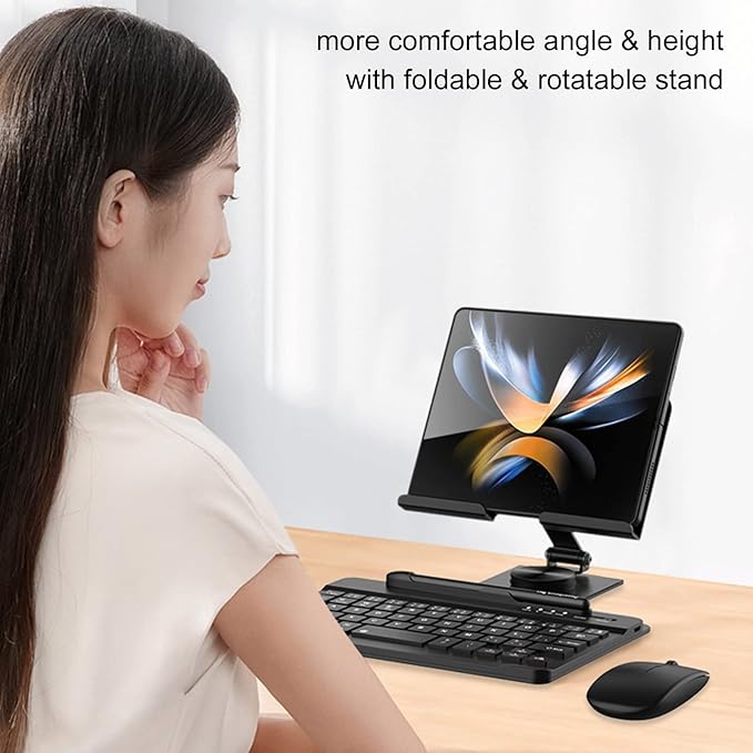 Desktop Stand & Bluetooth Keyboard Combo for Galaxy Z Fold 7/6/5/4 & Z Trifold, 4-in-1 Includes Mouse Pen, Slot, Adjustable Foldable Tablet Stand, Fits 4.7"-13" Tablets Cellphone, Black