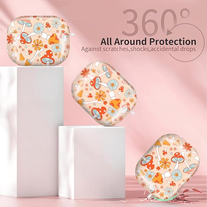 AirPod Pro 3 (2025) Case Cover for Women, Cute Shockproof TPU Protective Case with Gold Round Buckle, Anti-Drop Design Cute Mushroom Flower