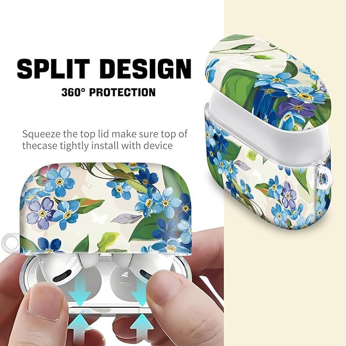 Compatible with AirPod Pro 2nd//1st Generation Case Cover with Key Chain,Full Protective Shockproof Wireless Headphone Case for Airpod Pro 2023/2022/2019(Blue Flowers)