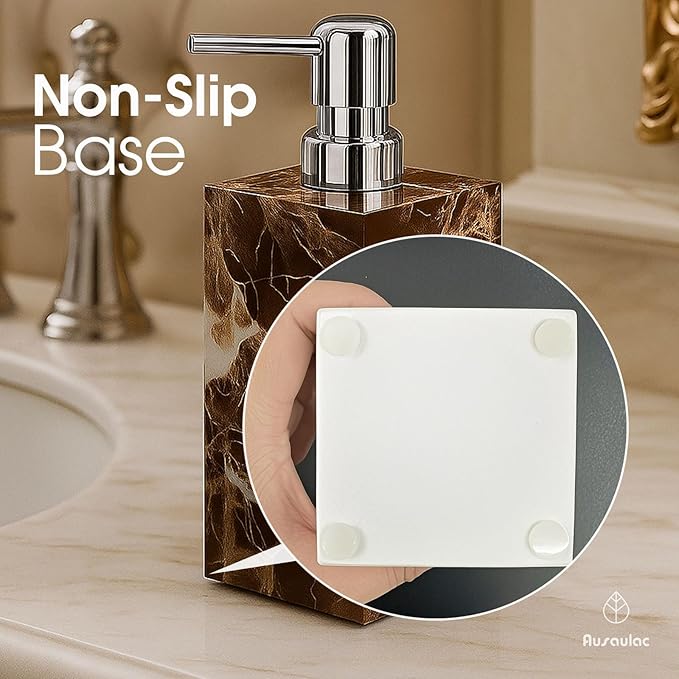 2 Pack Real Natural Marble Soap Dispenser with Stainless Steel Pump Decorative Liquid Hand Soap Bottle for Kitchen Bathroom, Compatible with Lotion, Dish Soap Shower Gel (Coffee 2 Set)