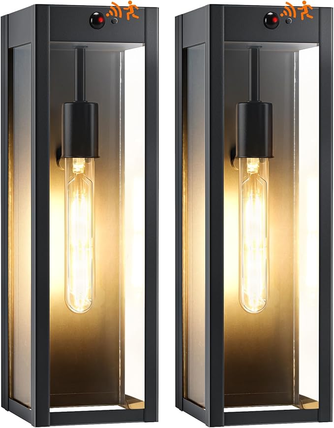 Large Motion Sensor Exterior Wall Lights Sconces 2Pack, 15.3" Waterproof Dusk to Dawn Black Exterior Lighting Fixtures Wall Mount, Modern Front Porch Sconce Coach Lights Outdoor for Garage House