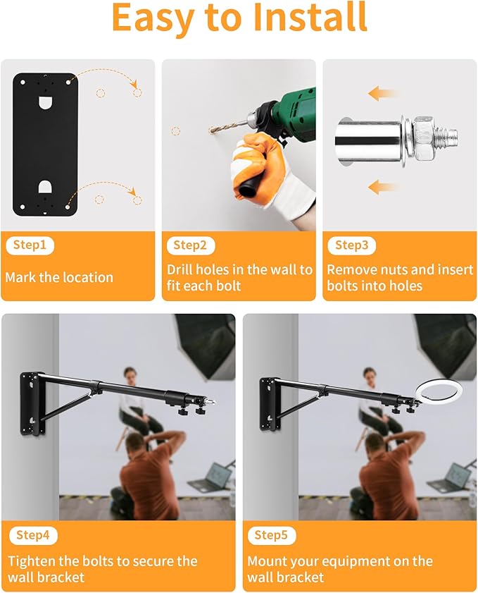 SITTO Ring Light Wall Mount 51in/130cm, Wall Mount Triangle Boom Arm for Photo Studio Lighting, Barber Shop, Beauty Salon, Tattoo Lighting, Live Streaming etc