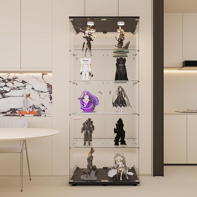 LFT HUIMEI2Y Glass Display Cabinet 5-Shelf with LED Light, Mirror and Lock, 2 Door Curio Cabinets, Tempered Glass Collection Display Showcase for Bedroom, Living Room Black