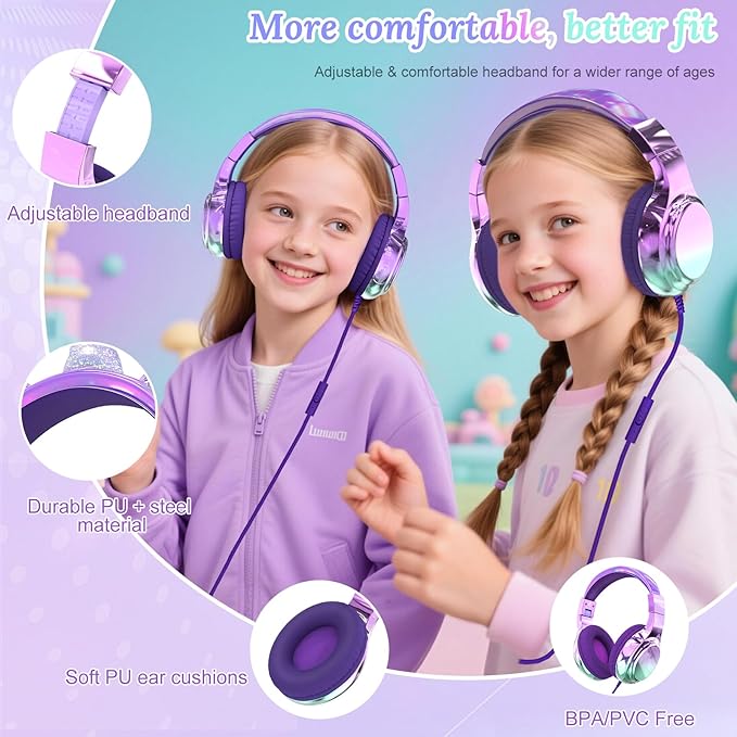 QearFun USB C Kids Headphones Wired with Mic, 85/94dB Safe Volume Limit, Foldable Over Ear, Tangle-Free Cord & Sharing Port, Wired On-Ear Headset for School, Chromebook, Tablet, Travel-Boys & Girls