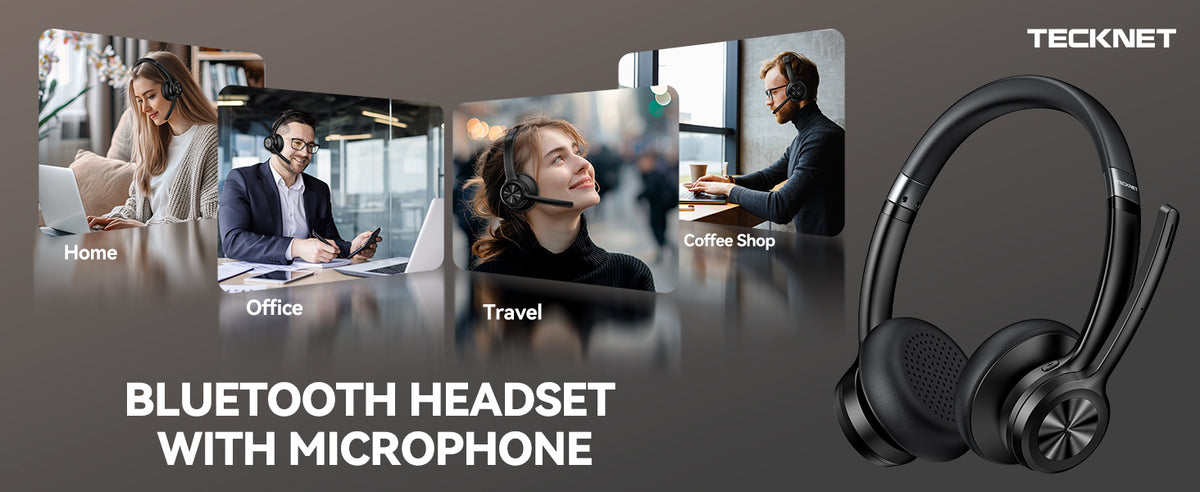 TECKNET Wireless Headset, Bluetooth Headset with Noise Cancelling Microphone - Rechargeable Bluetooth V5.2 Headphones, 50H Playtime & Mic Mute, On Ear Headphones for Trucker/Remote Work/Call Center