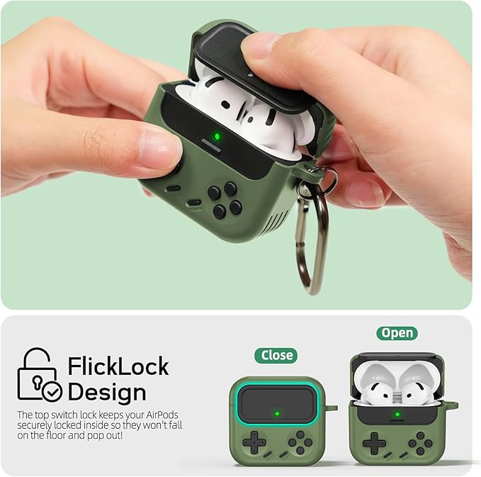 Inesore for Airpods 4 Case with Lock,Compatible with Airpods 4 with Active Noise Cancellation Cases,Classic Cool Funny Game Console Air pods4 Case Cover for Men Boy with Cleaner Kit(Green)