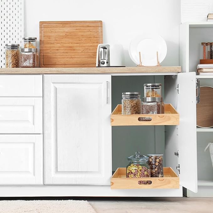 2 PCS Wood Pull Out Cabinet Organizers with Removable Dividers, 20''W x 21''D Nail-free Sliding Drawers with Adhesive Tape, Roll Out Shelves for Kitchen, Pantry, Office (Wood)