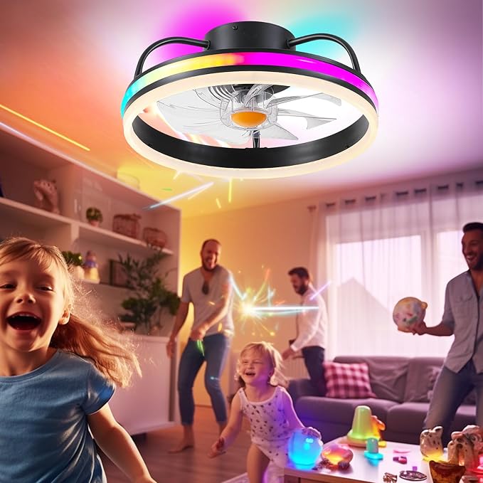 Ceiling Fan-Low Profile Ceiling Fan with Light - Modern Flush Mount Ceiling Fan ,16" RGB Dimmable LED Enclosed Ceiling Fans,Modern Bladeless LED-RGB Ambient Light for Bedroom Kids Room Party(Black)