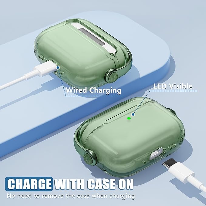 for Airpods Pro 3 Case,Safety Lock Cases for Apple Airpod Pro 3 (2025) with Phone Stand & Cleaner Kit,Drop Protection Air pods Pro3 Case Cover for Men Women with Keychain,Clear Green