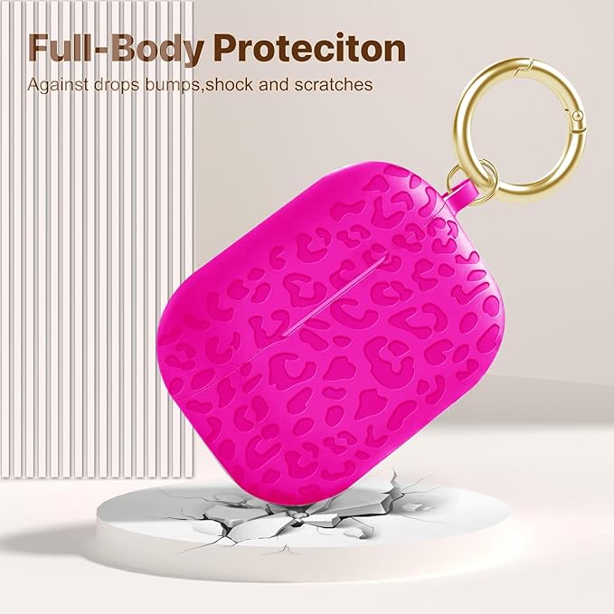 Engraved Leopard Case Compatible with AirPods Pro 2 Case Cover 2022,Soft Silicone Caeving Cover for Women Girls, Hot Pink
