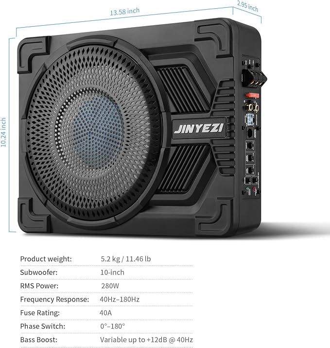 10" 1200W Under Seat Subwoofers with Amp, Class D MOSFET Amp & Efficient Heat Dissipation Design, Independent Control for Low-Pass Filter/Gain/Bass Boost, Suitable for Trucks/SUVs/Jeeps/MPVs