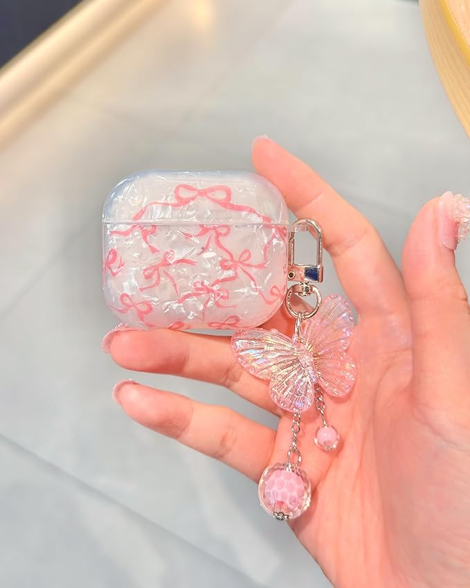 Compatible with AirPods 3rd Generation Case Cute, Shell Pattern Shockproof Protective Cover for Girls Women with Butterfly Keychain Designed for AirPod 3rd Gen 2021, Pink Bow