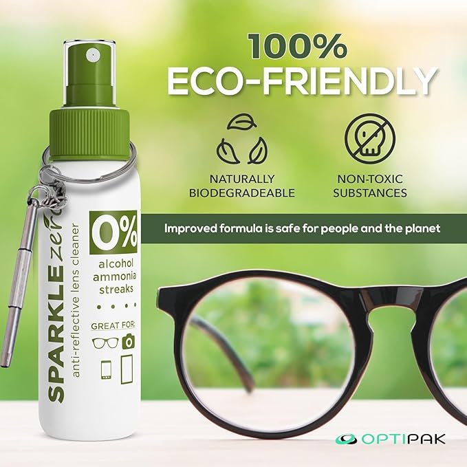 Sparkle Anti-Reflective Eco-Friendly Lens Cleaner & Repair Kit – (2) 2oz Glasses Cleaner Spray, (2) Microfiber Cloths & Keychain Screwdriver for Eyeglasses, Sunglasses, Lenses & Screens (5 Piece Set)