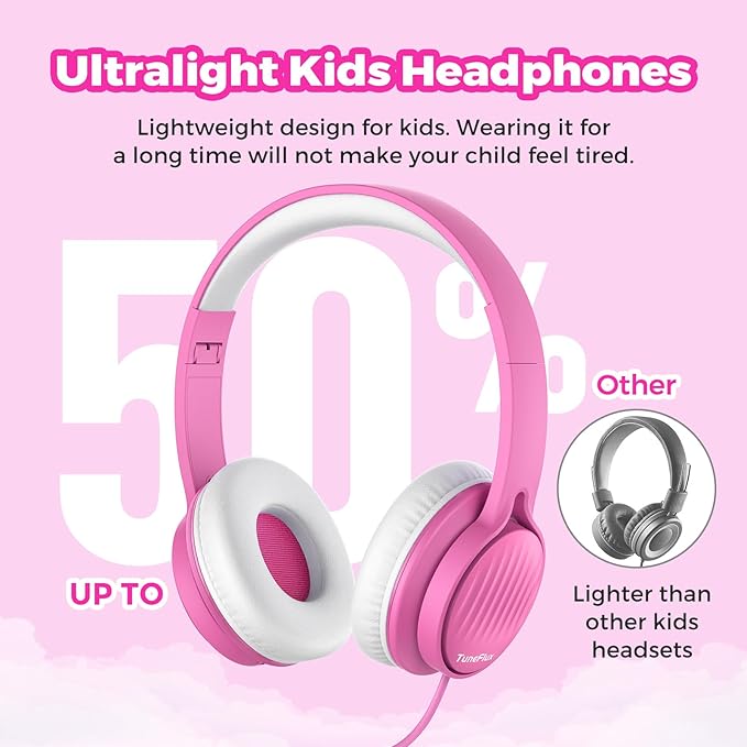 TuneFlux Upgraded Kids Headphones, Wired Toddler Headsets, 85dB Limited Volume On Ear Headphones, Portable Foldable Design, Stereo Sound Kids Headsets for School/Tablet/Travel-Pink