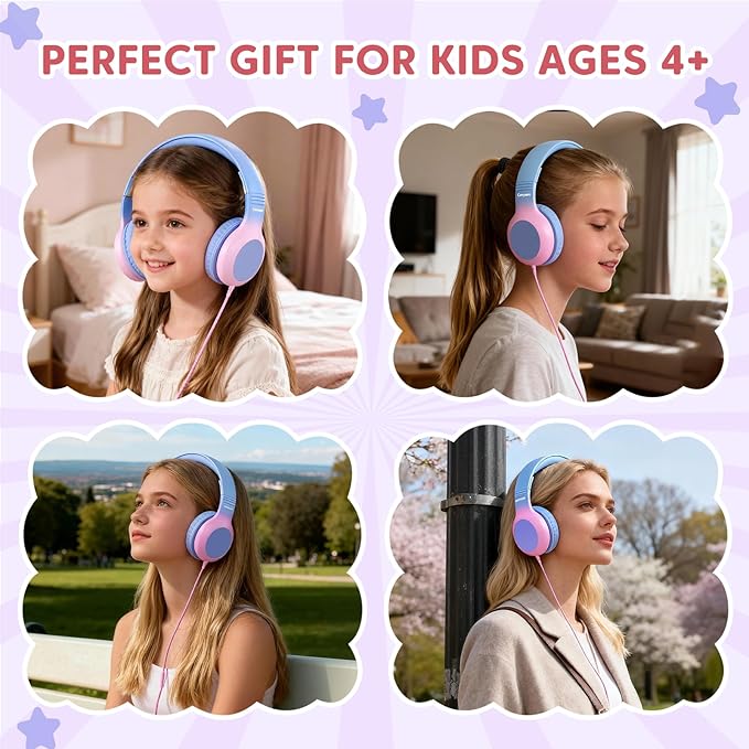 USB Type C Kids Headphones, Wired Headphones for Kids with Microphone, 85/94dB Volume Limit, Stereo Sound, Foldable Over-Ear USB-C Headphones for School/Travel/Tablet/iPad, Purple