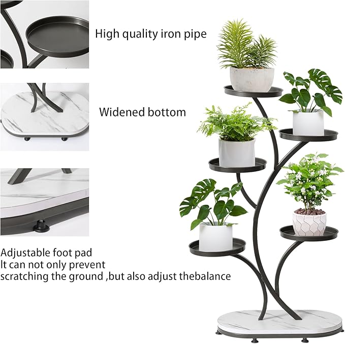 Black 5 Tier Wood Metal Tall Shelf Multiple Plant Holders Plant Stand for Indoor, Outdoor, Corner, Living Room, Balcony, and Bedroom