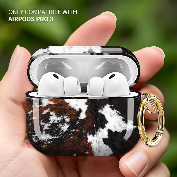 Cute Hard Case Compatible with AirPods Pro 3rd Generation Case (2025), Shockproof Protective Cover with Golden Keychain Ring Clip (Cute Cowhide Pattern)