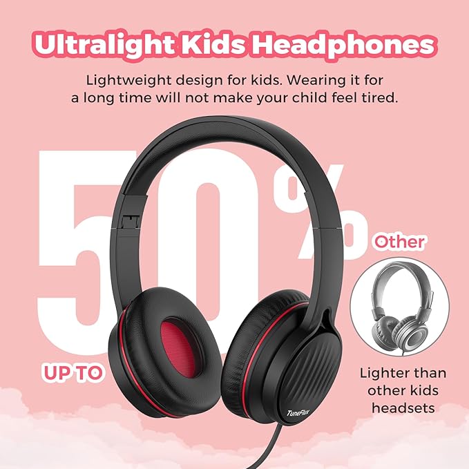 TuneFlux Upgraded Kids Headphones, Wired Toddler Headsets, 85dB Limited Volume On Ear Headphones, Portable Foldable Design, Stereo Sound Kids Headsets for School/Tablet/Travel-Black Red