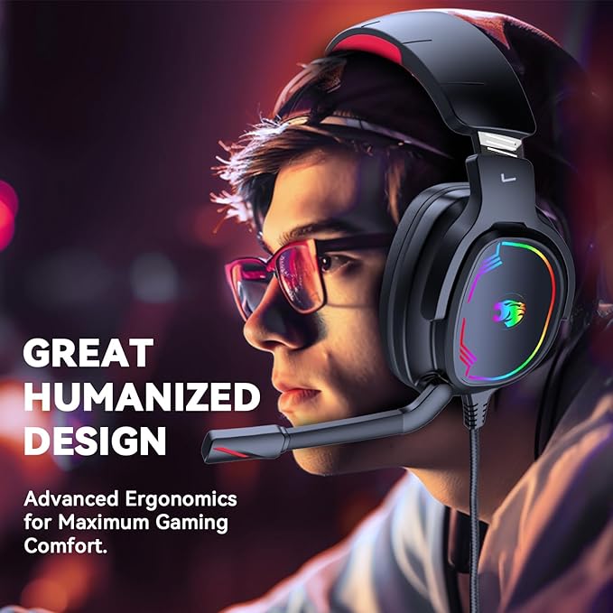 Gaming Headset for PC/PS4/PS5/Xbox One/Switch, Stereo Surround Sound Gaming Headphones with Noise Canceling Flexible Mic, Computer Headset with 3.5mm Jack & RGB Light(Red)