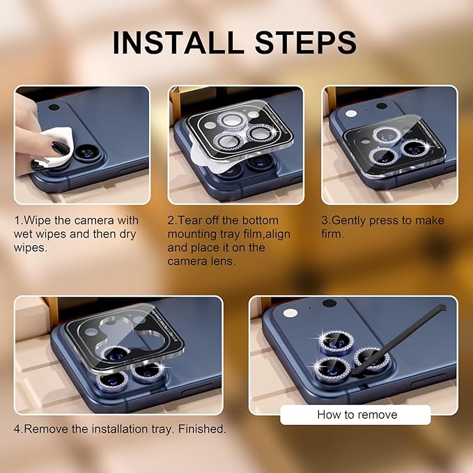 Misea Compatible for iPhone 17 Pro/iPhone 17 Pro Max Camera Lens Protector Bling, 9H Tempered Glass Camera Cover Screen Protector Metal Individual Ring Decoration Accessories, Blue Diamond