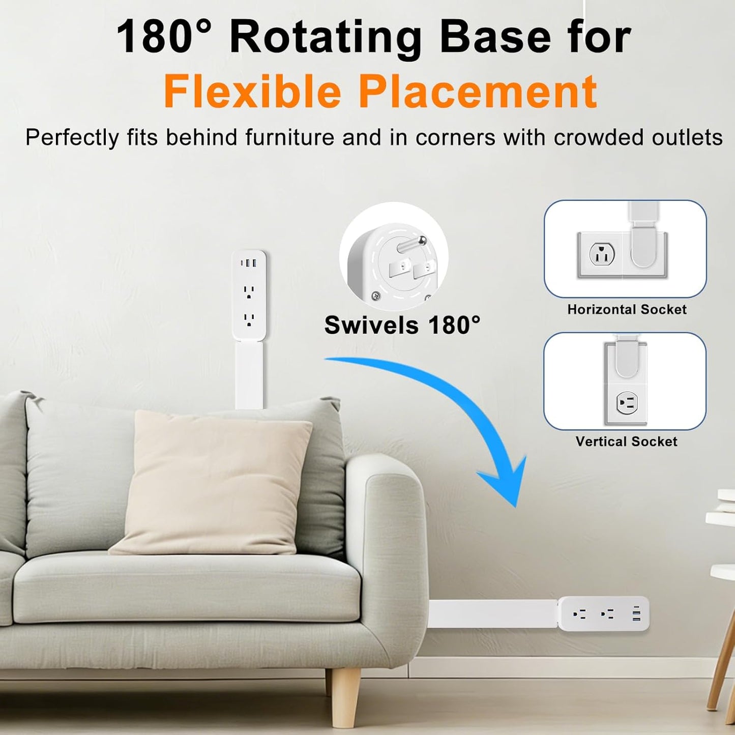 Extendable Outlet Extender 22"-34" – 180° Rotating, 2 AC + USB-A + USB-C Ports