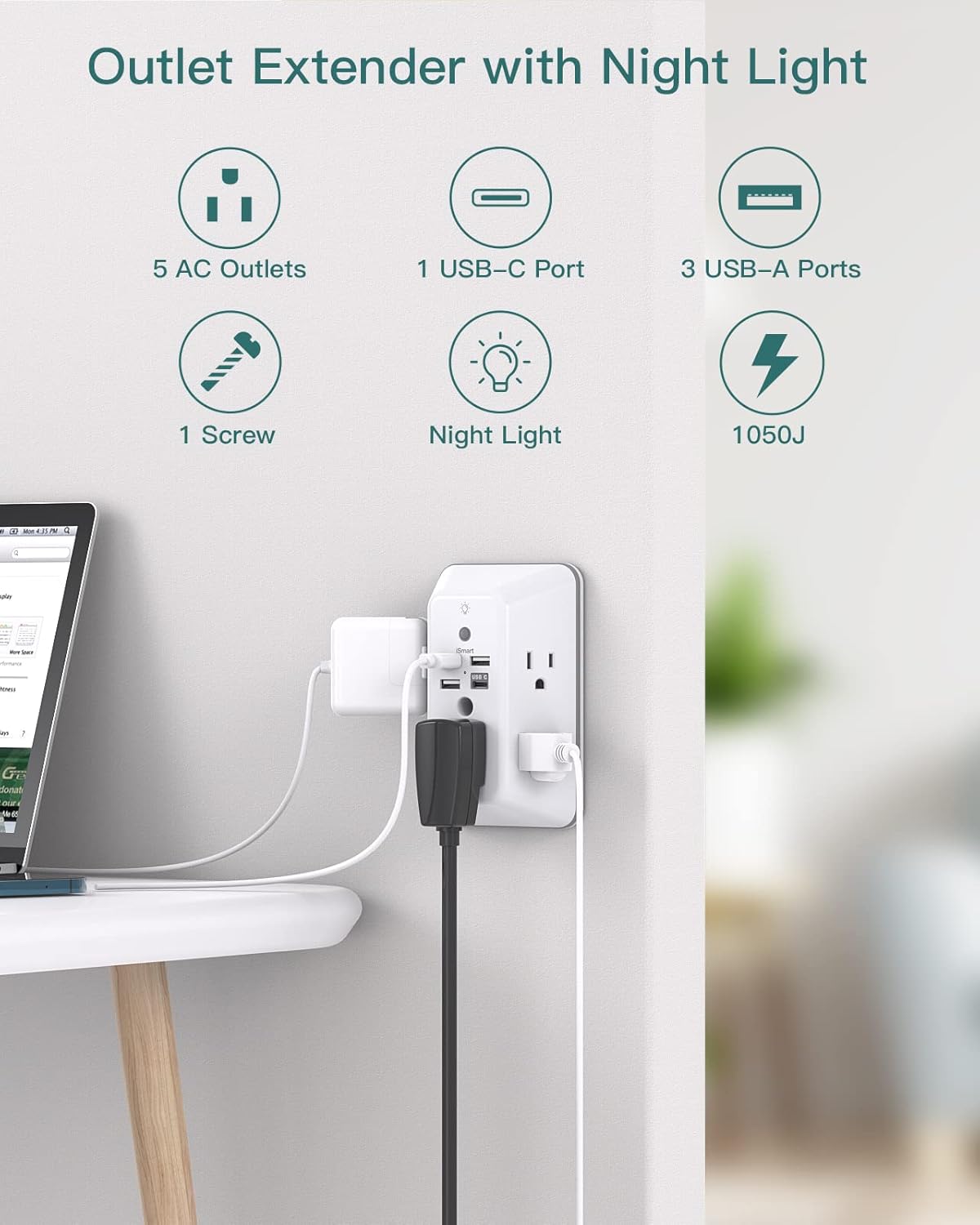Surge Protector Outlet Extender with Night Light – 5 Outlets, 4 USB Ports (1 USB-C)