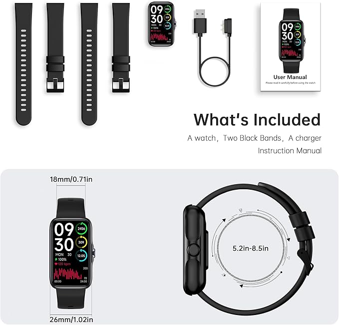Health Fitness Tracker, Smart Watch with 24/7 Heart Rate and Blood Oxy-gen Monitor, Sleep Tracker with IP68 Waterproof, Activity Tracker Pedometer Step Counter for Women Men (Black)