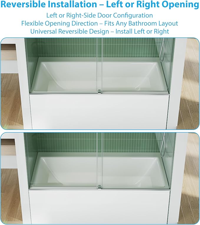 Frameless Bathtub Shower Door 56–60 Inch W × 59 Inch H, Sliding Tub Door, Sliding Shower Panels, 6mm Tempered Glass, Square Stainless Steel Track, Brushed Stainless