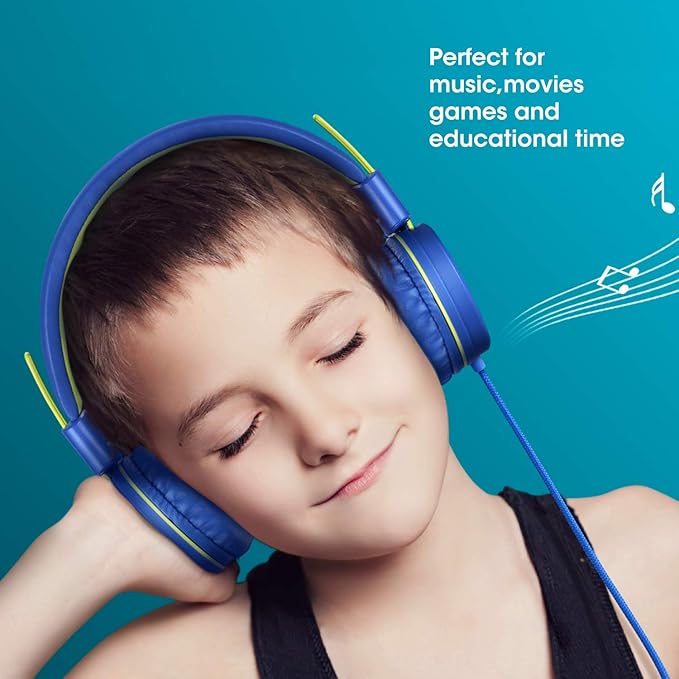 noot products Kids Headphones with Microphone K12 Stereo 5ft Long Cord with 85dB/94dB Volume Limit Wired On-Ear Headset for iPad/Amazon Kindle,Fire/Toddler/Boys/Girls/School(Blue/Lime)