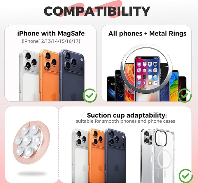 4 in 1 Sticky Phone Grip Holder for Magsafe,Double Sided/Suction Cup Case Mount,Magnetic Phone Stand for iPhone 17/16/15/14/13/12 Pro Max,Vacuum Ring Holder for Kindle/Android/Tiktok Content Creator
