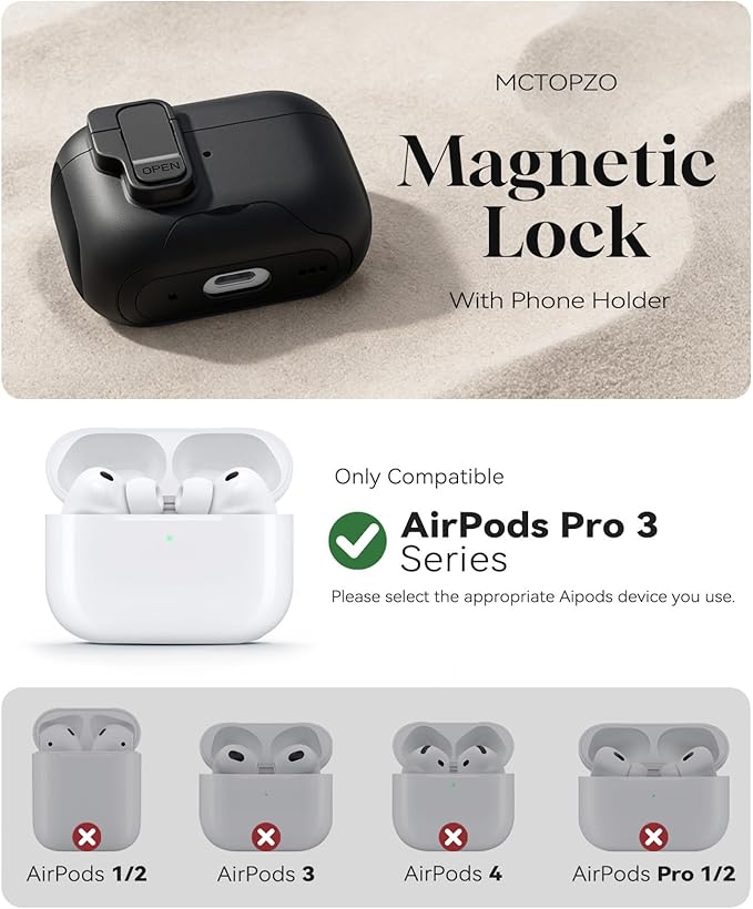 Compatible with AirPods Pro 3 2025 Case with Phone Stand & Cleaning Kit,Magnetic Automatic Lock Design Cover for Air pods Pro 3rd-(Black)