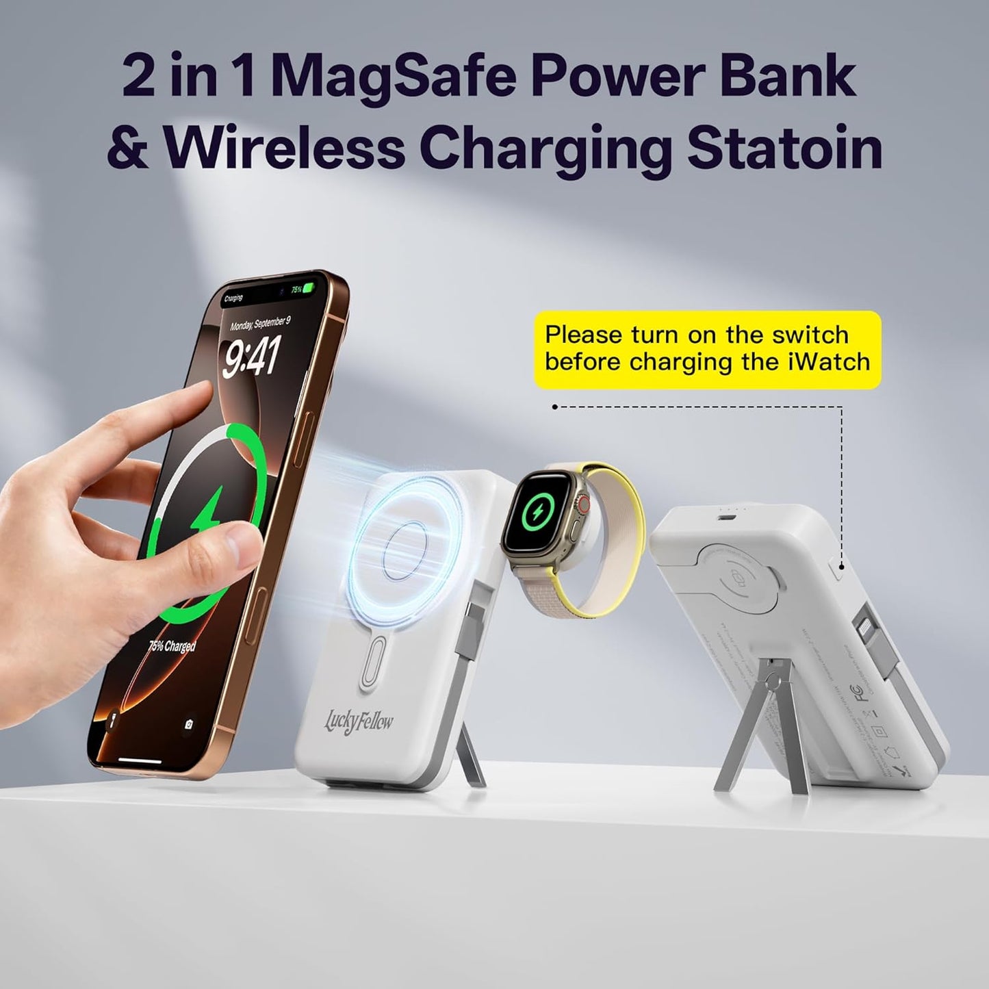 Magnetic Portable Charger 10000mAh Wireless Power Bank with Built-in Cables and Stand Compatible with iPhone