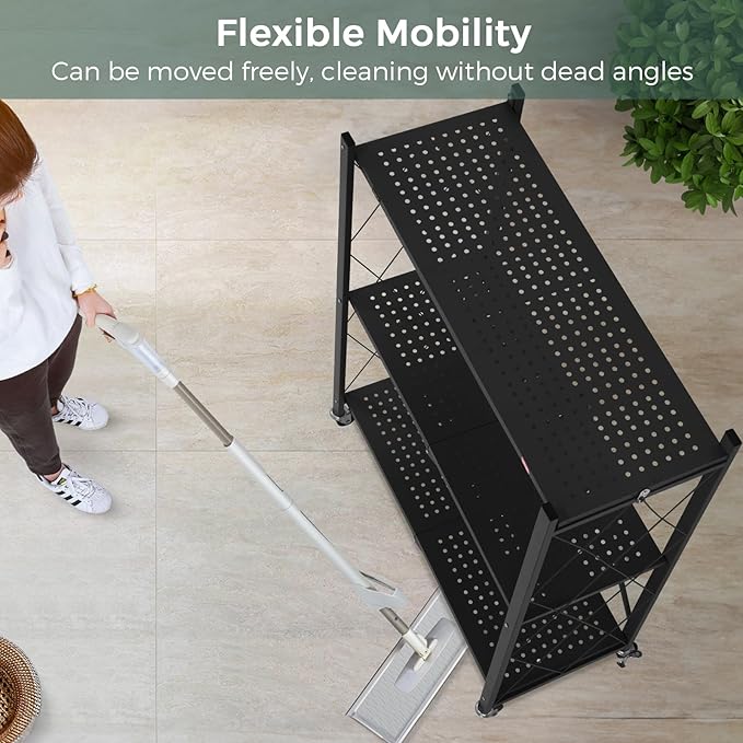 DEANIC 3 Tier Foldable Storage Shelves with Wheels, Kitchen Appliance Stand, Freestanding Metal Wire Shelf Rack, No Assembly Organizer Rolling Cart for Garage, Basement, Pantry (Black)