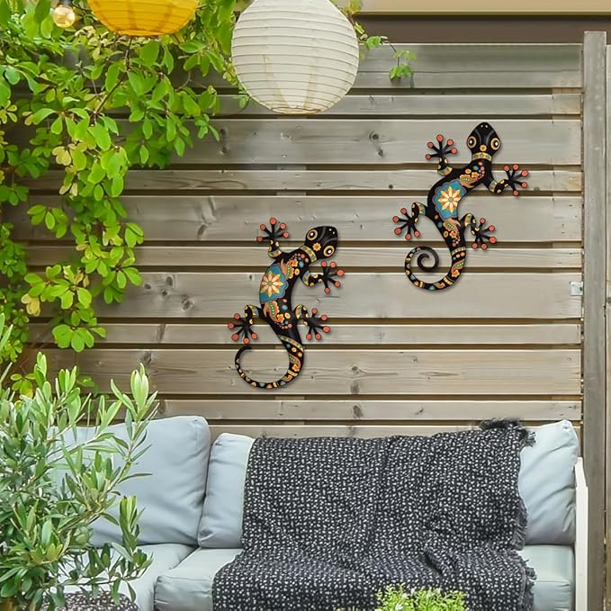 Metal Gecko Outdoor Decor -2 Pack 11.8 inch Metal Lizard Wall Hanging Sculpture Decoration for Indoor or Outdoor, Garden Yard Fence Porch Wall Decorations (Black)