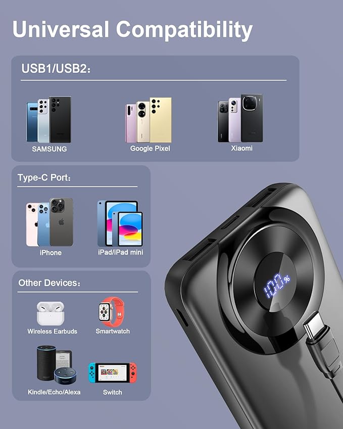 Portable Charger 10000mAh Power Bank Fast Charging with Built-in Cable Slim Battery Pack