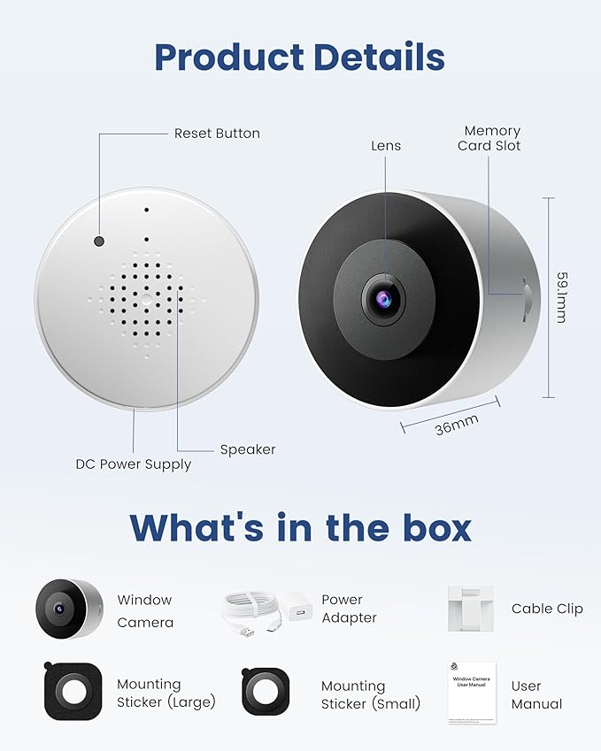 3MP 2K Window Camera, 2.4GHz WiFi 6 Window Security Camera, Blacklight Full-Color Night Vision, Smart AI Detection & Descriptive Alert, 24/7 Recording, No-Drill Magnetic Mount, 2 Packs