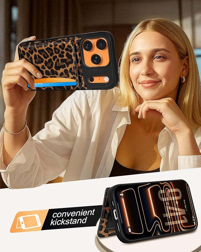 for iPhone 17 Pro Max Case with Wallet - Fits 4 Card Slots, Compatible with MagSafe for Women Aesthetic PU Leather Credit Card Holder Kickstand Phone Cover for Apple 17 Promax, Leopard Print