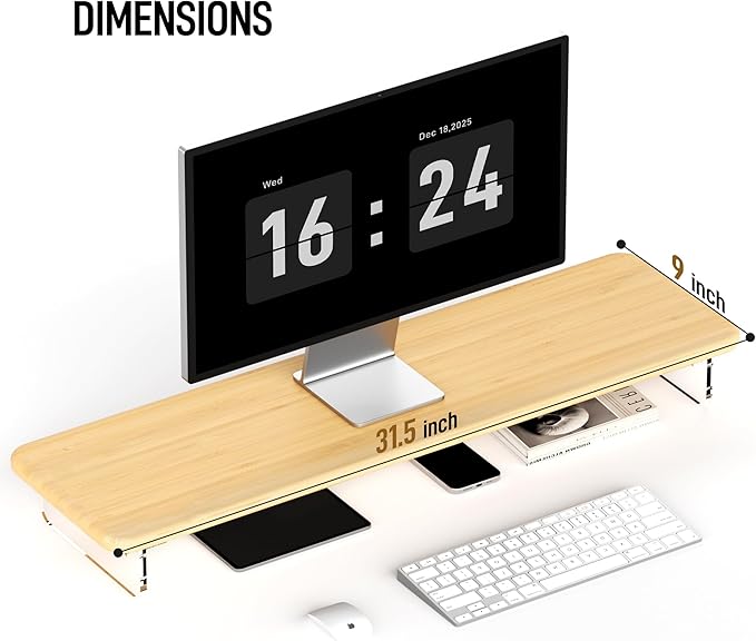 Monitor Stand Riser, Bamboo & Acrylic Computer Monitor Stand with LED Light, 31.5 inch Large Monitor Stand for Desk, Desktop Organizer Stand for Computer, Laptop, Printer, PC & TV Screen Riser