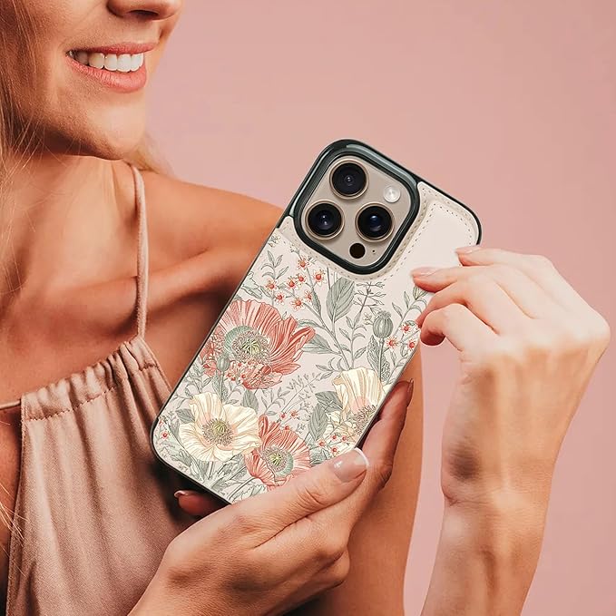 uCOLOR for iPhone 14 Pro 6.1" Wallet Case Magsafe with Card Holder Slot【Compatible with MagSafe】 Folio Flip PU Leather Double Magnetic RFID Design with Camera Lens Protector (Pink Vintage Flowers)