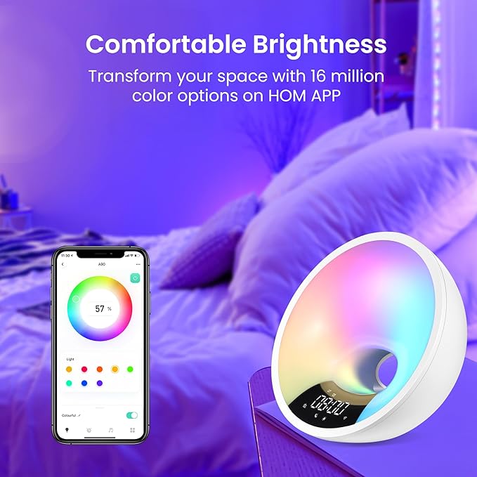 HOM Smart Sunrise Alarm Clock with Wake-Up Light & FM Radio - Digital Clock and Lamp with 7 Natural Sounds and 7 Light Colors - Easy Control via Amazon Alexa and Google Home