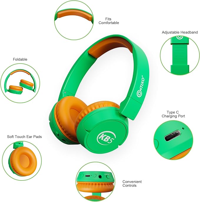 Contixo KB-5 Kids Headphones - Over The Ear Foldable Bluetooth Wireless Headphone for Kids - 85dB with Volume Limited - Toddler Headphones for Boys and Girls (Green+Orange)