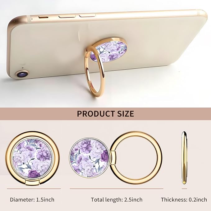 Cell Phone Ring Holder, Cute Metal Phone Grip Stand Finger Ring Kickstand, Flexible 360°Rotation Phone Tablet Case Accessories Compatible with Most Phones Luxury Purple Flowers
